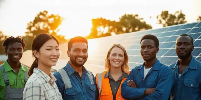 Équipe et habitants réunis devant une installation solaire communautaire
