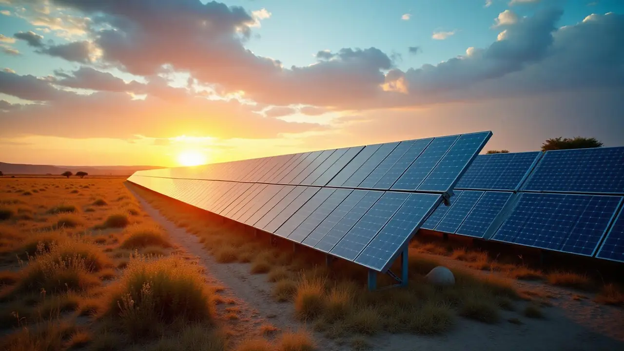 Centrale solaire photovoltaïque au coucher du soleil en Afrique de l'Ouest